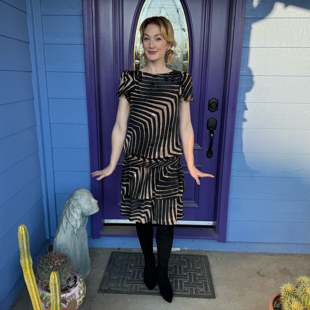 Vintage Drop-Waist Dress in Black and Beige Geometric